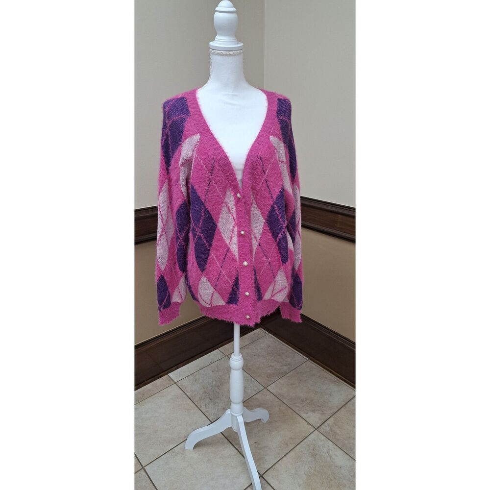 Umgee NWT Argyle Cardigan Sweater-L-Pink/Purple-Cozy Academia Preppy Romantic